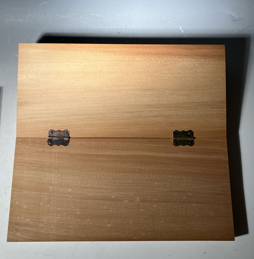 Wooden box with a metallic clasp on a gray background