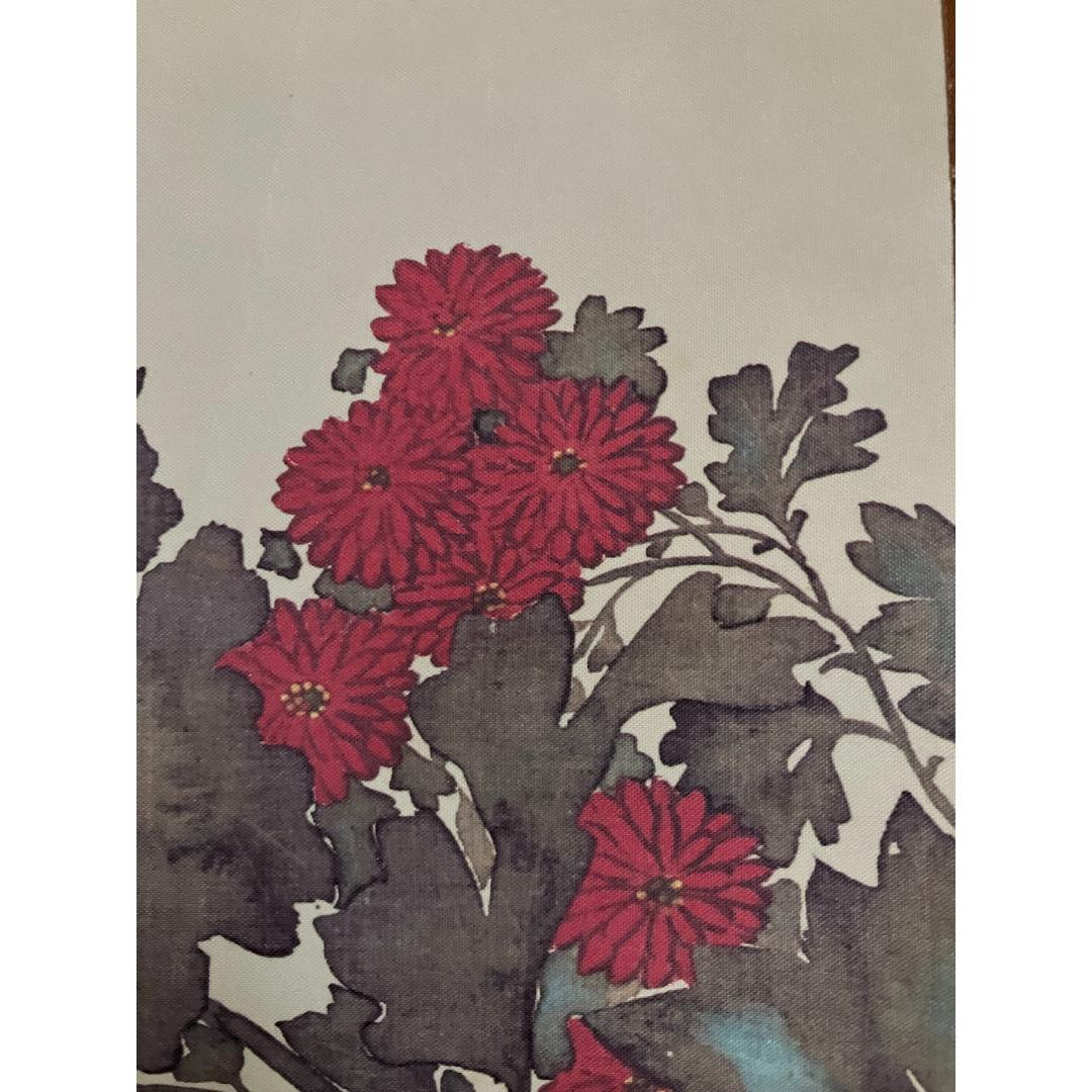 A painting of red flowers with dark leaves on a beige background.