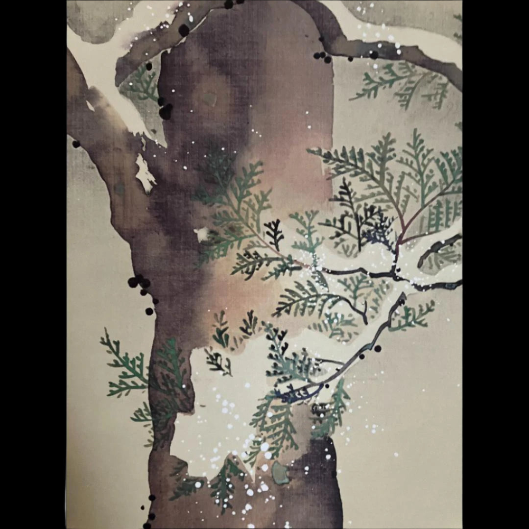 A close-up of a plum tree with detailed trunk and green leaves on a beige background, from a traditional East Asian scroll painting.