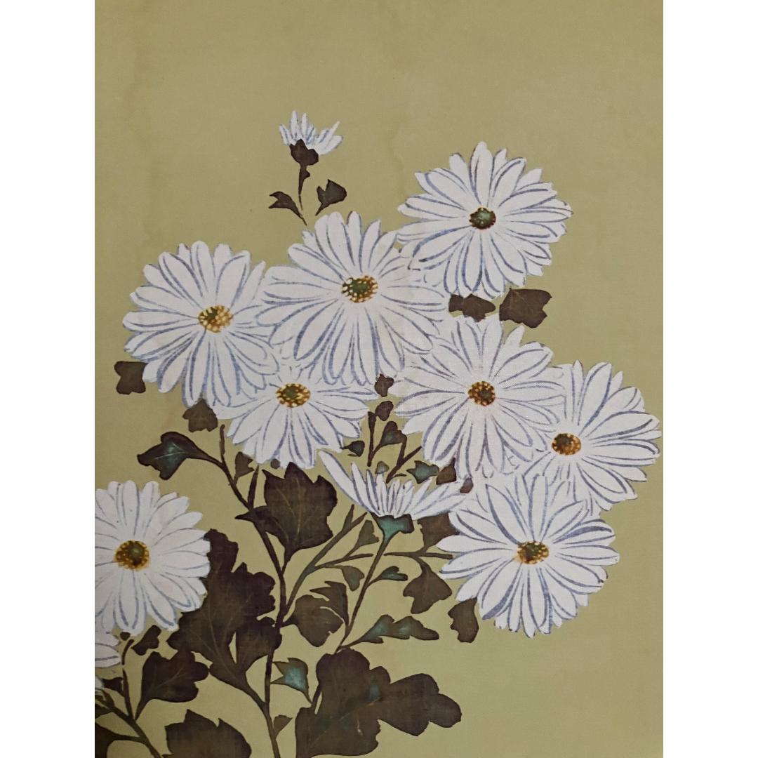A painting of white daisies with yellow centers and dark leaves on a light olive background.