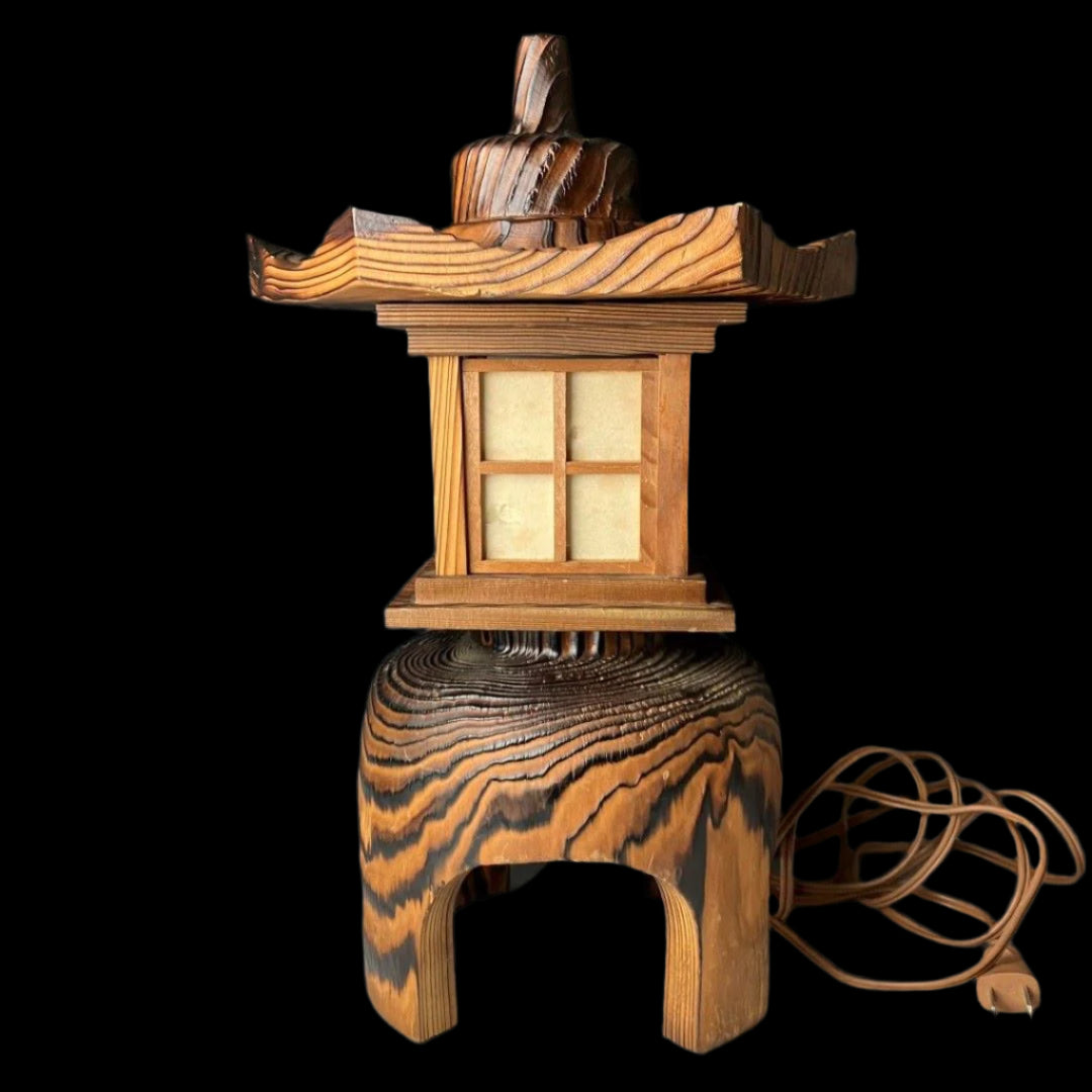 Vintage Japanese Akita cedar wood lantern with shoji paper panels, featuring a rounded base, intricate cut-out designs, and a detachable pagoda-style roof, displayed with an attached electric cord.