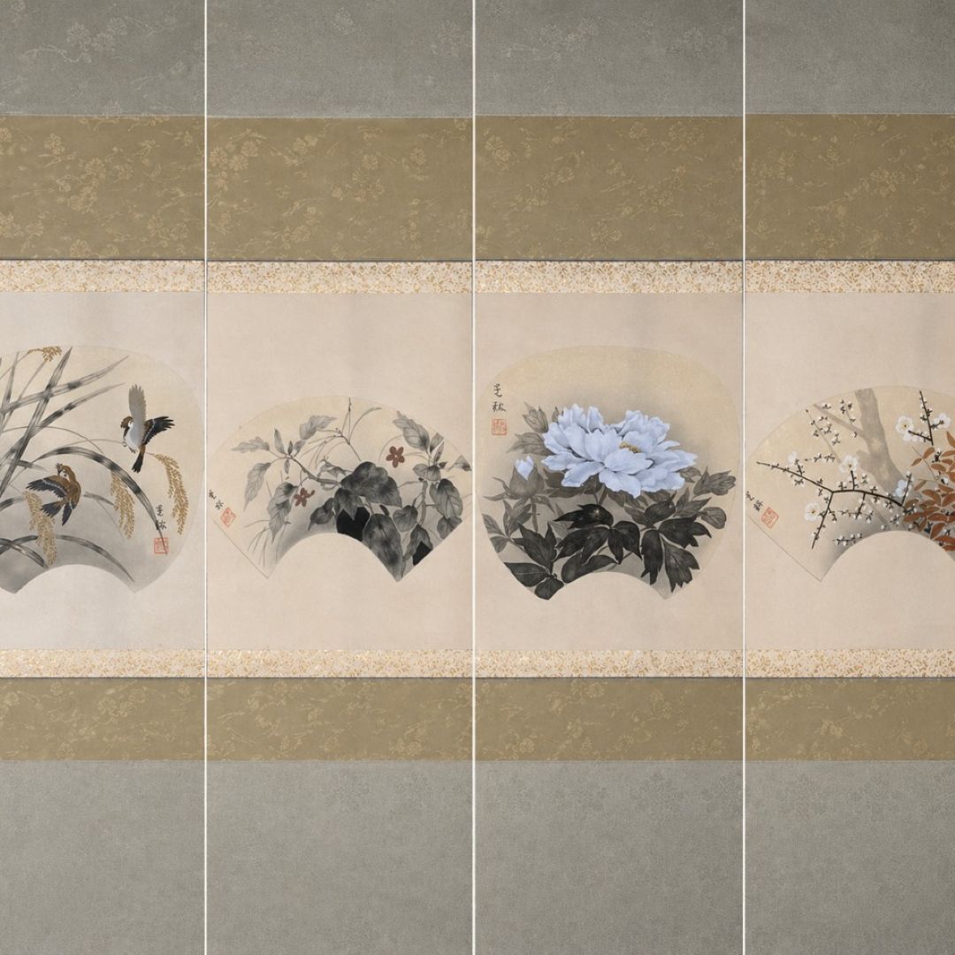 Collage of floral and nature-themed artworks on a textured background