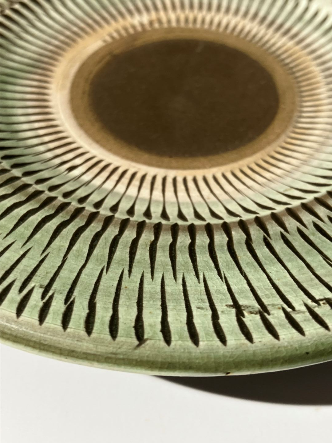 Close-up of a green ceramic plate with concentric circle design