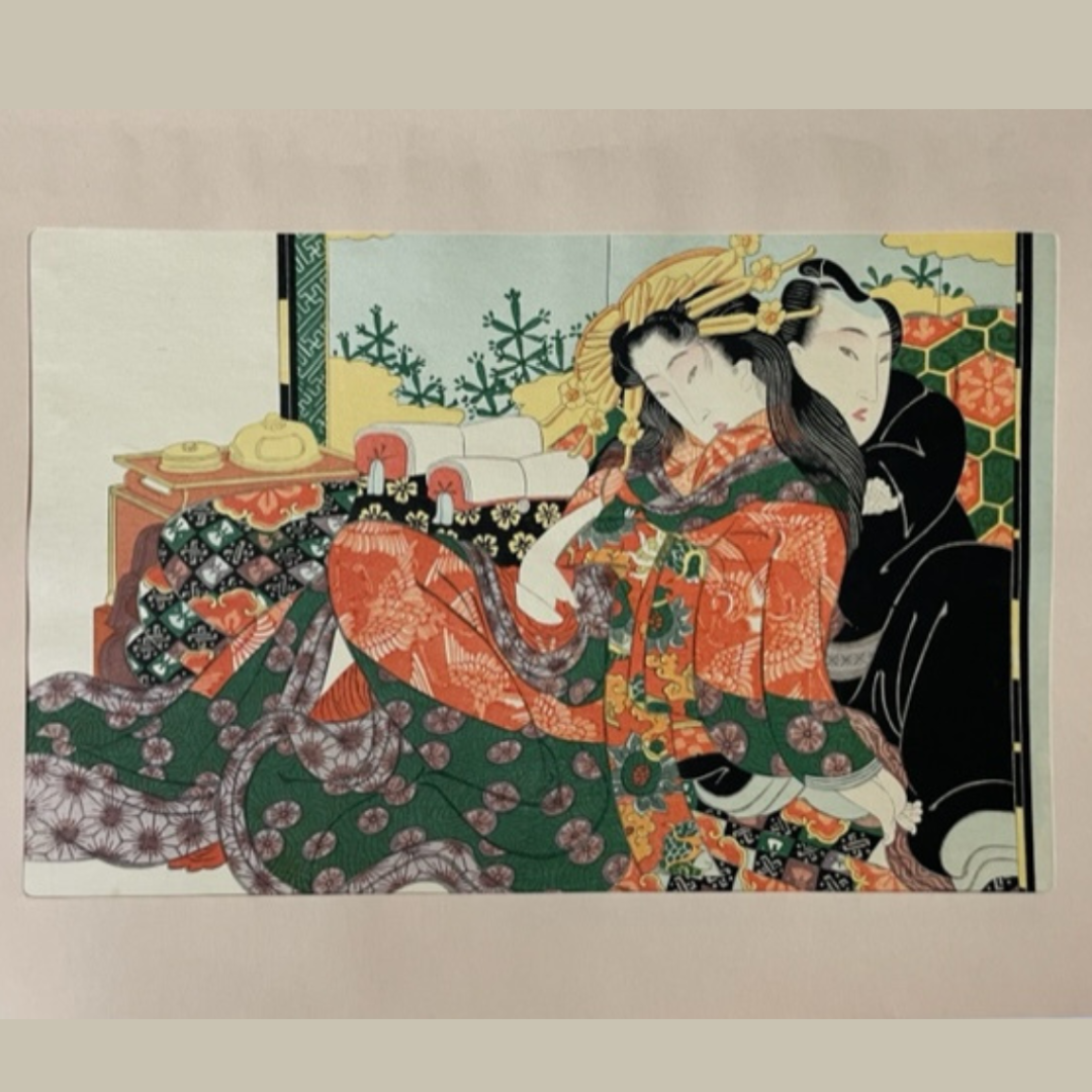 Traditional Japanese artwork of two women in elaborate clothing on a decorative background