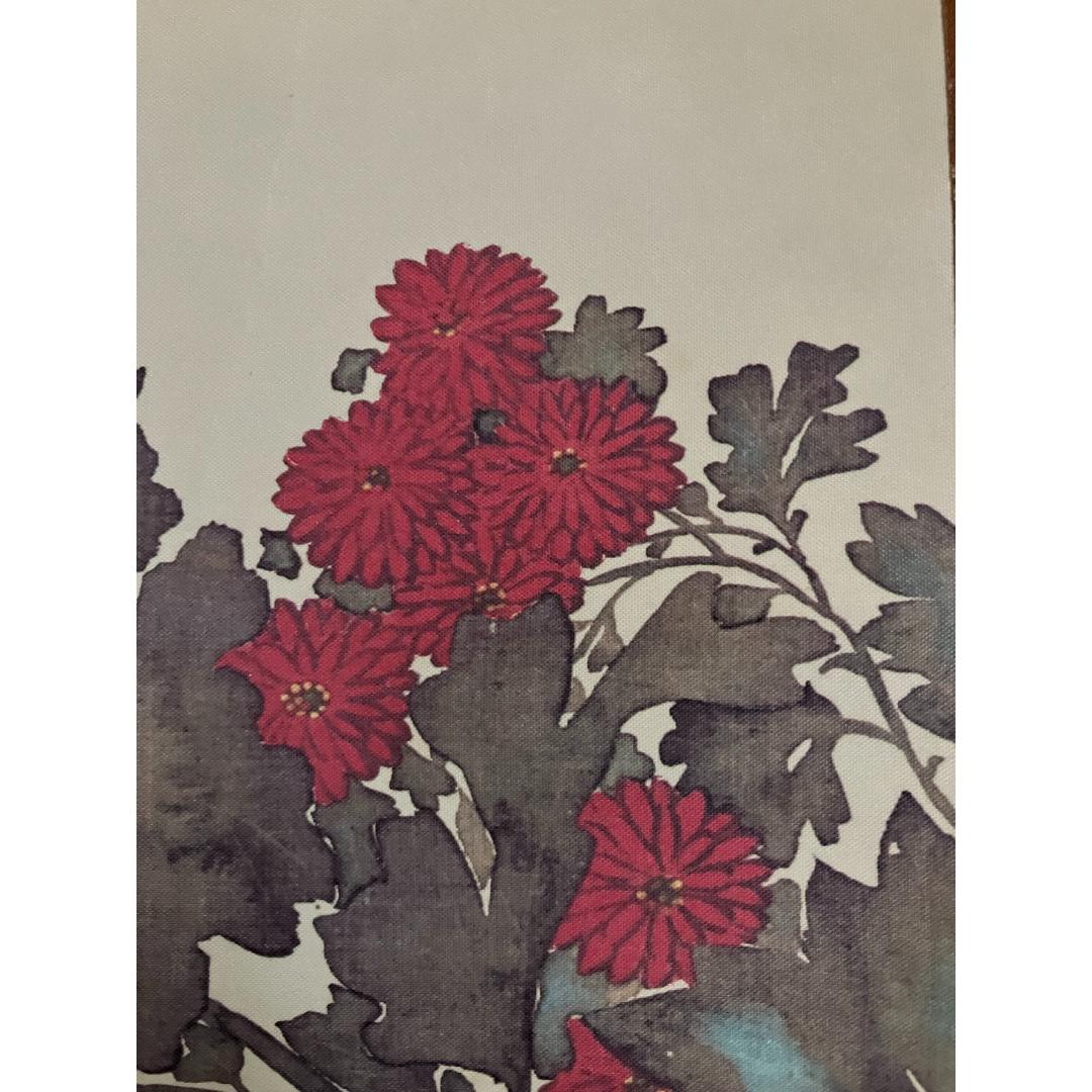  A painting of red flowers with dark leaves on a beige background.