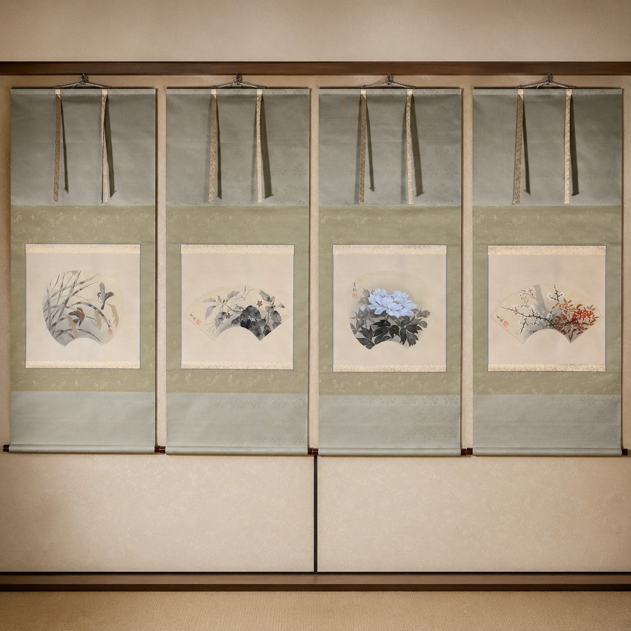 Traditional Japanese screen with floral designs on a beige wall.