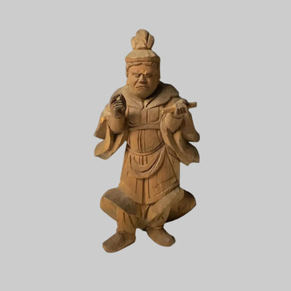 A 14 cm tall Japanese wooden carving of Komokuten, a Buddhist guardian deity, with detailed traditional attire and a focused expression.