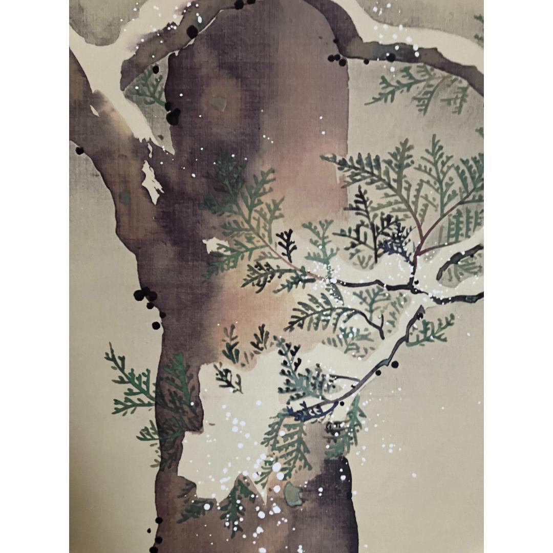 A close-up of a plum tree with detailed trunk and green leaves on a beige background, from a traditional East Asian scroll painting.