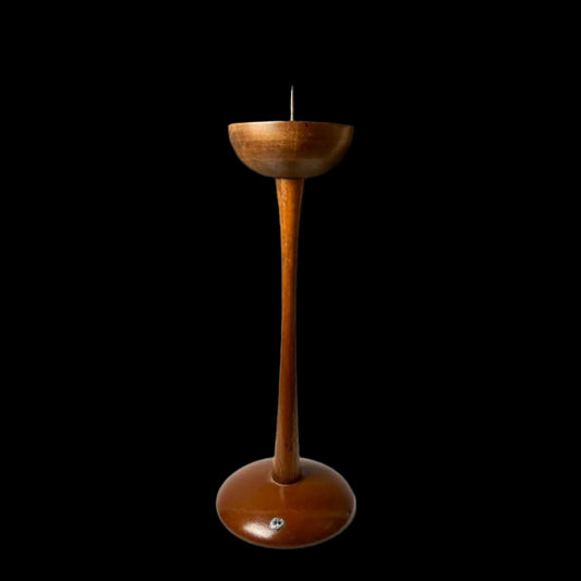 Vintage Japanese wooden candle stand with a slim, gracefully curved base and a polished finish, featuring a cup-like holder with a central spike, crafted in a minimalist Showa-style design.