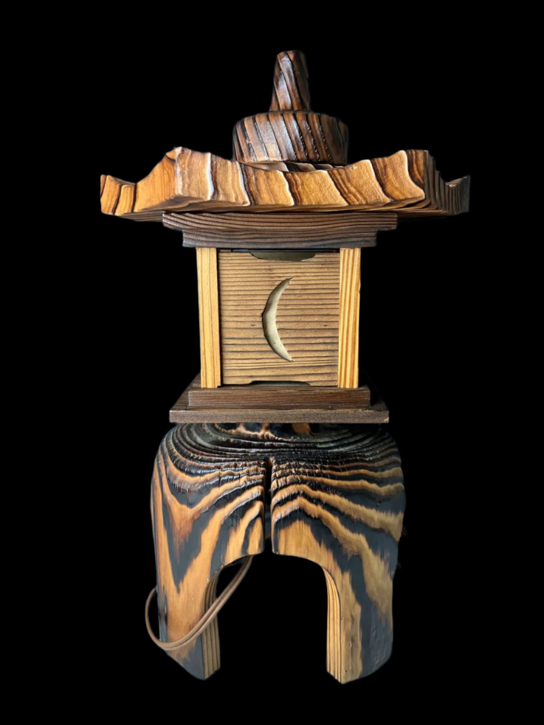 Vintage Japanese Akita cedar wood lantern with shoji paper panels, featuring a rounded base, intricate cut-out designs, and a detachable pagoda-style roof, displayed with an attached electric cord.