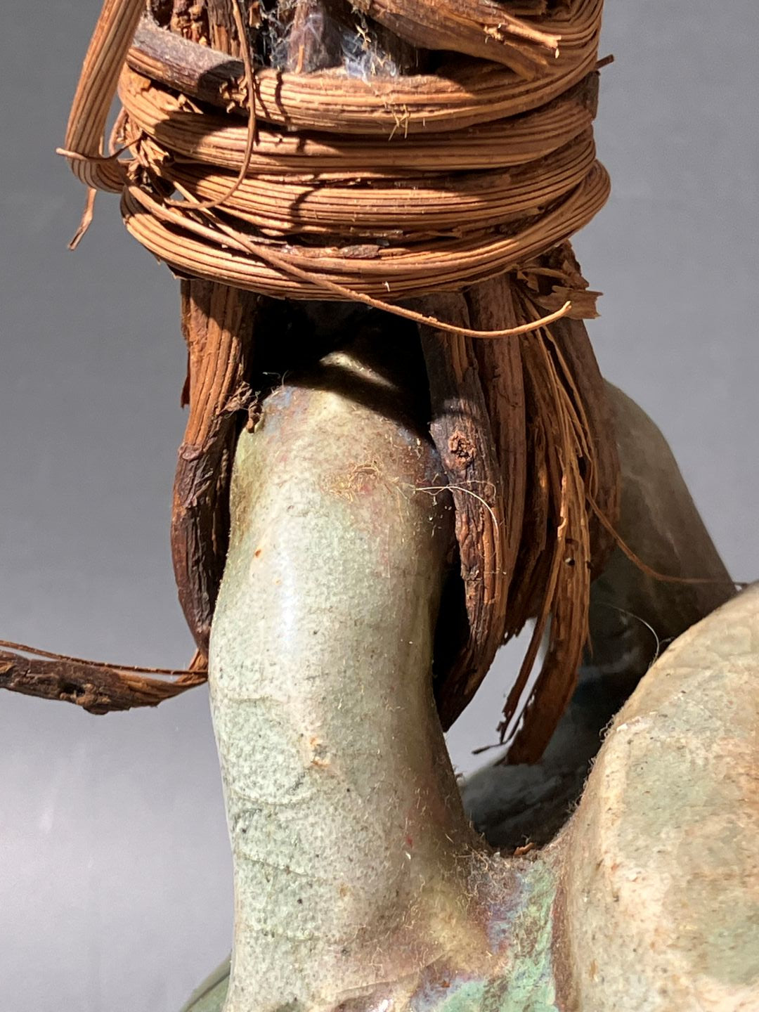 Close-up of a green insect on a branch with a gray background